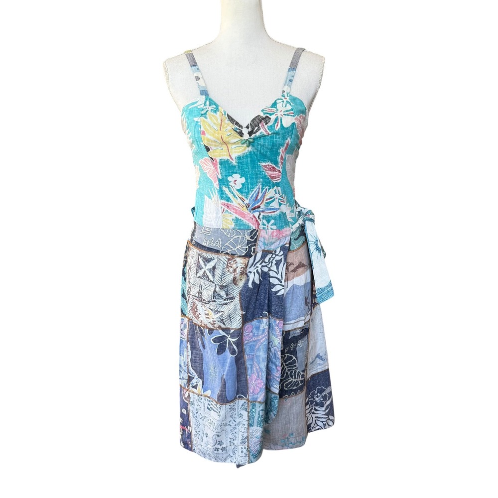 Burning Torch Recycled Vintage Patchwork Tropical Sundress Blue Floral Small